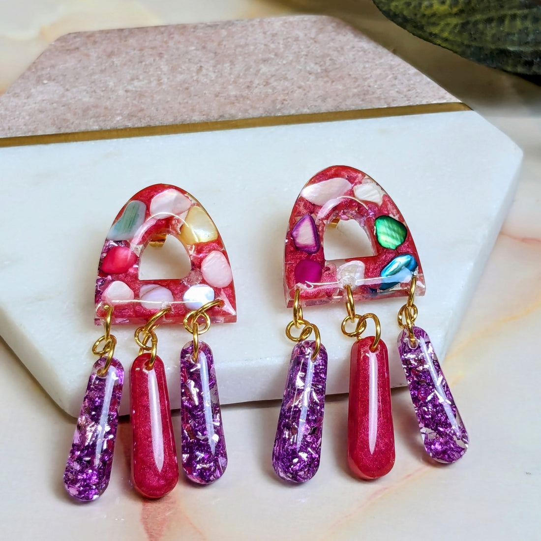 Jagger Real Stone and Pink Foil Resin Dangle Earrings by Created By Lau — an example of mixed media jewellery combining stone and resin