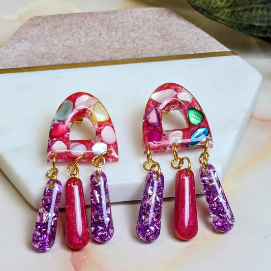 Jagger Real Stone and Pink Foil Resin Dangle Earrings by Created By Lau — an example of mixed media jewellery combining stone and resin