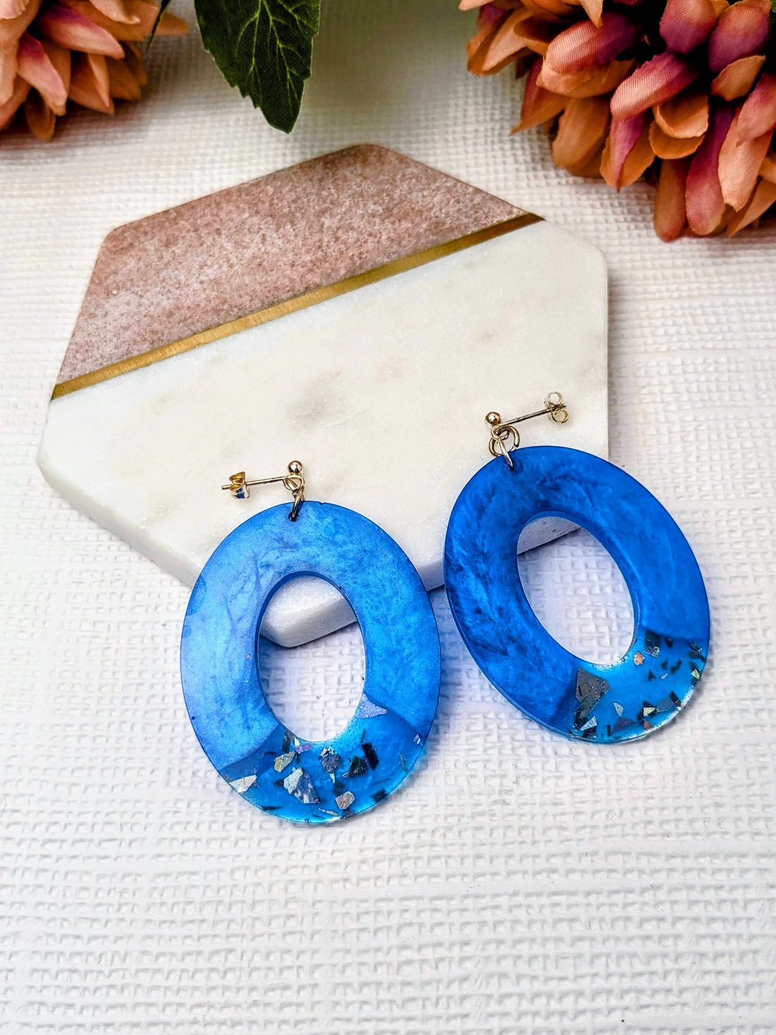 Juno No Waste Metallic Blue Oval Resin Statement Dangle Earrings by Created By Lau — handmade from the no-waste resin collection, Shipley West Yorkshire