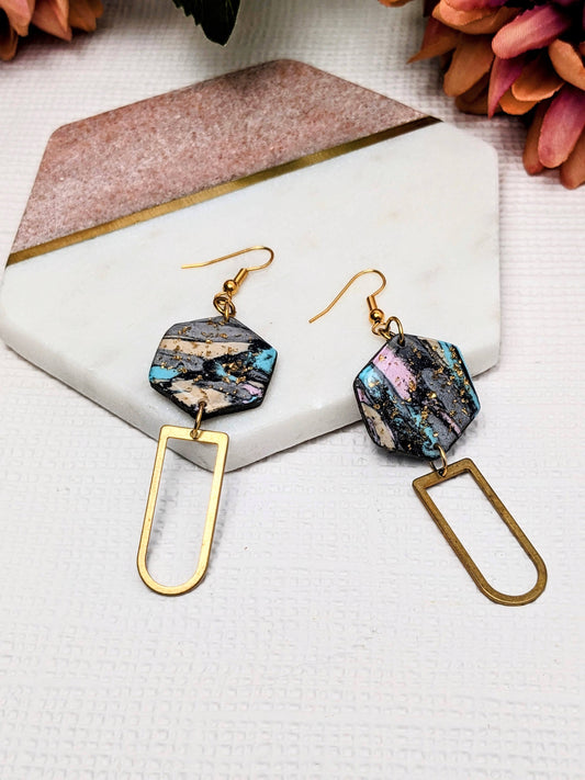 Nadine marbled polymer clay hexagon earrings with gold leaf and brass charm, handmade by Created By Lau