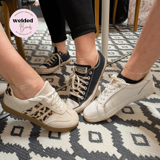 Three people wearing permanent welded anklets in everyday life — Welded Bonds by Created By Lau, permanent jewellery made in Shipley, West Yorkshire