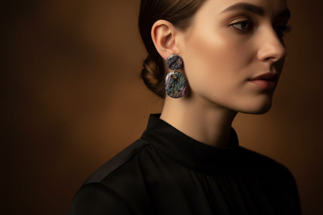 Woman wearing bold handmade polymer clay statement earrings styled from day to evening — Created By Lau
