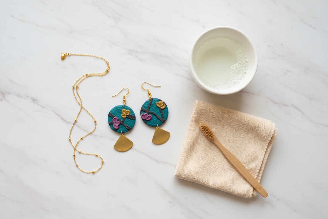 Flat lay of handmade polymer clay earrings and permanent gold chain bracelet with cleaning tools — jewellery care guide by Created By Lau