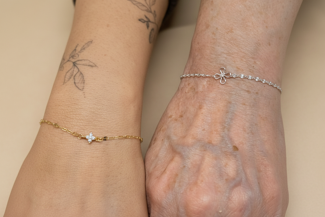 Two wrists wearing delicate permanent welded gold and silver bracelets — Welded Bonds by Created By Lau, Shipley