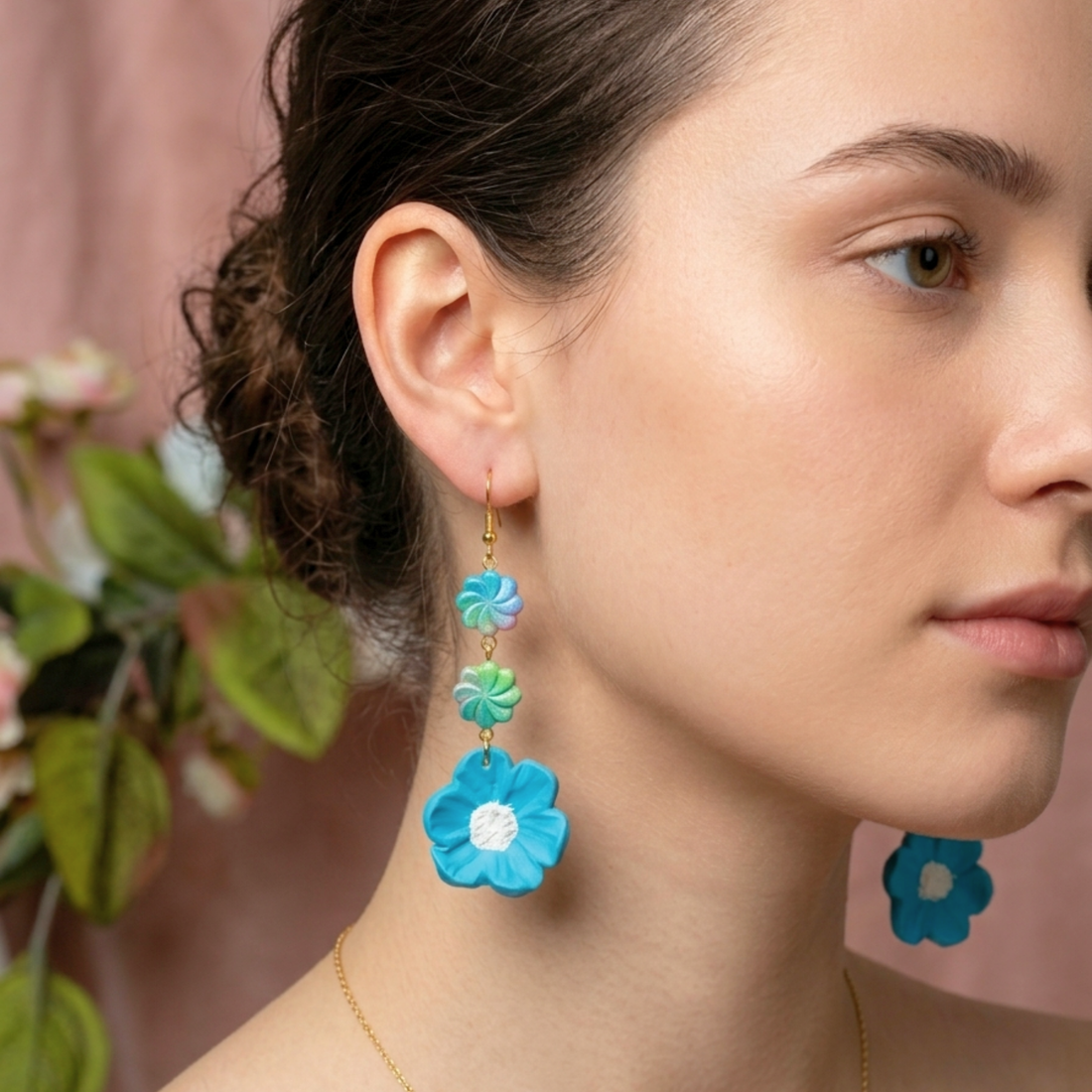 Elara Blue Flower Earrings worn — handmade polymer clay and recycled bead statement earrings by Created By Lau, Yorkshire