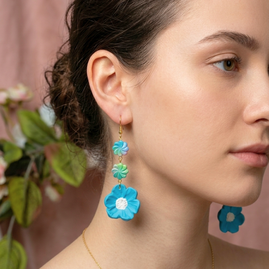 Elara Blue Flower Earrings worn — handmade polymer clay and recycled bead statement earrings by Created By Lau, Yorkshire