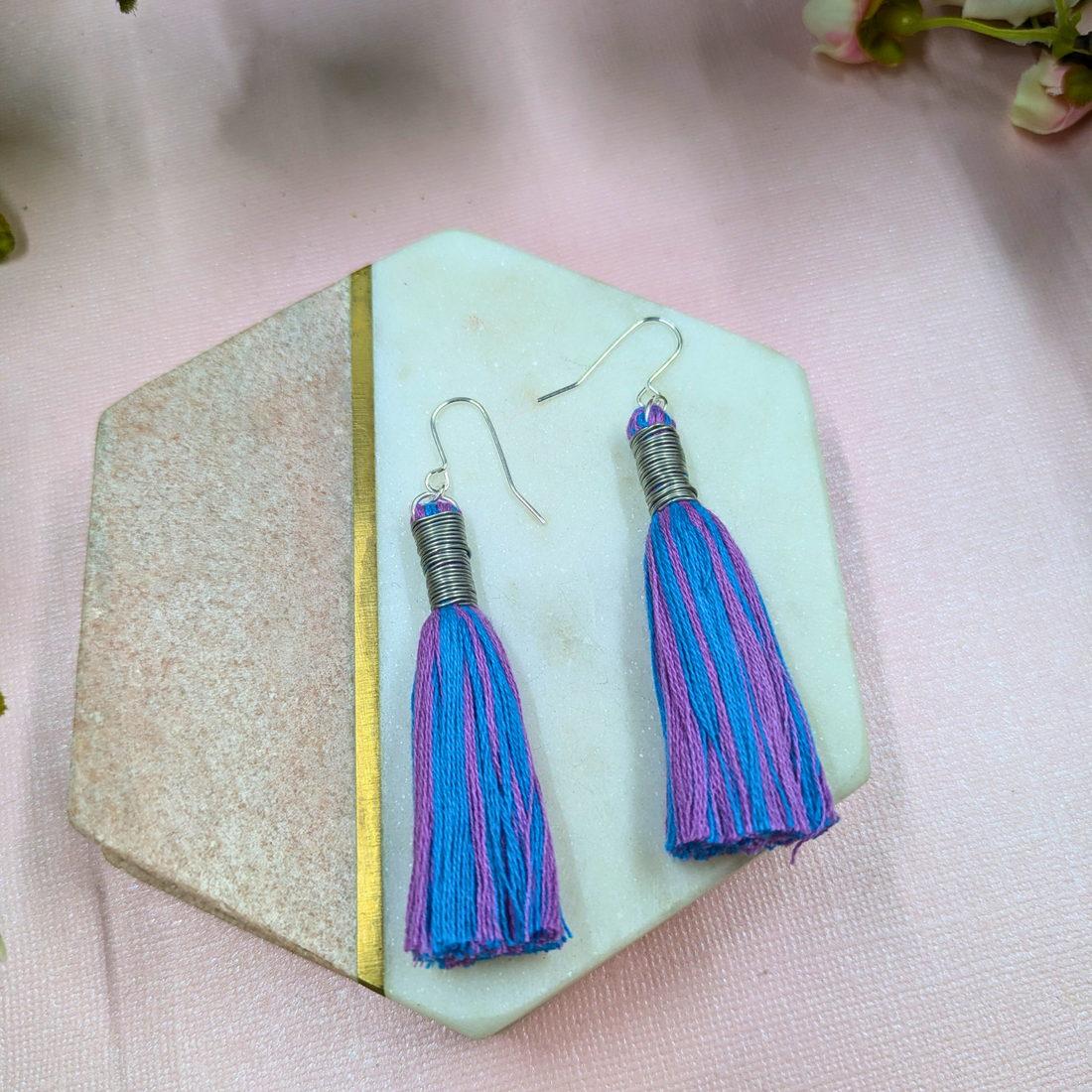 Roxie Purple and Blue Cotton Tassel Earrings by Created By Lau — bold but wearable handmade jewellery, Shipley West Yorkshire
