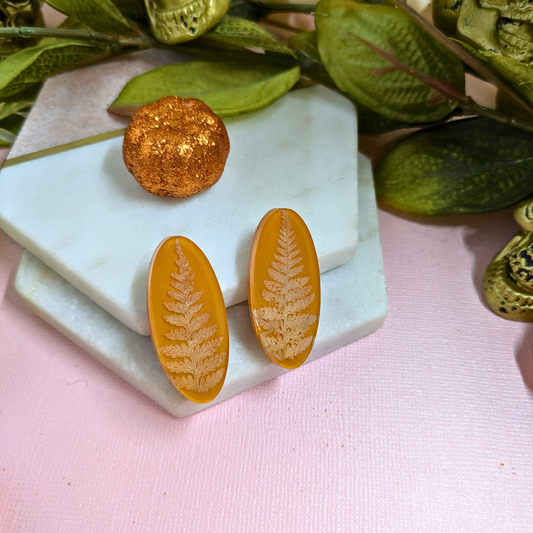 "Khloe" Fern Real Leaves on Pumpkin Oval Studs