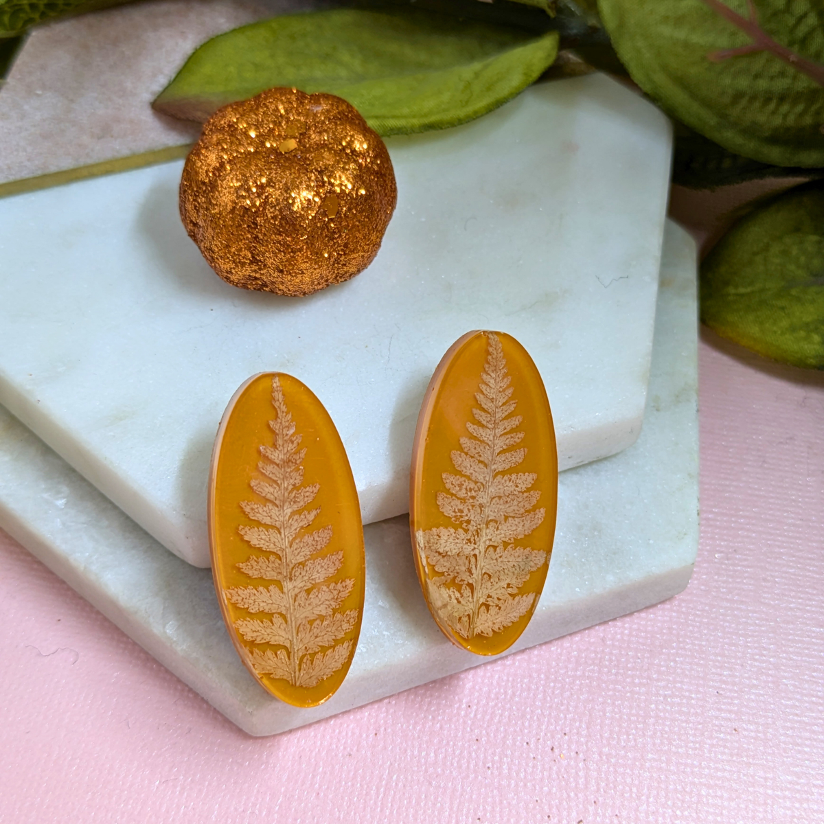 "Khloe" Fern Real Leaves on Pumpkin Oval Studs