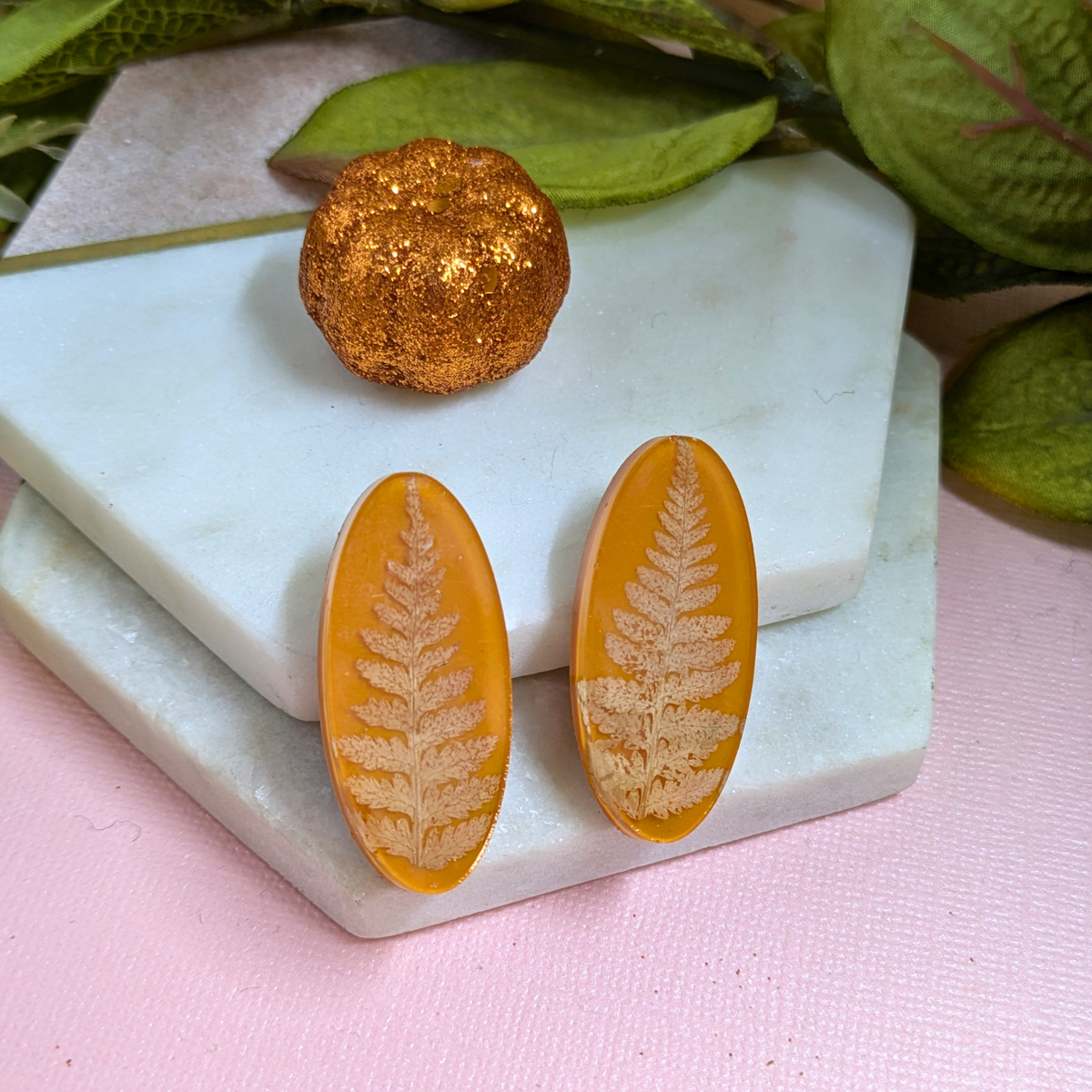 "Khloe" Fern Real Leaves on Pumpkin Oval Studs