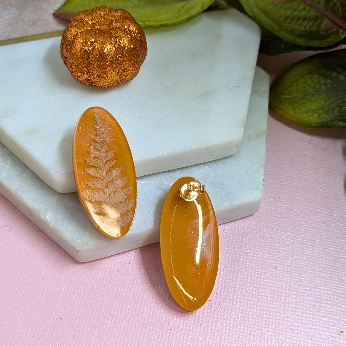"Khloe" Fern Real Leaves on Pumpkin Oval Studs