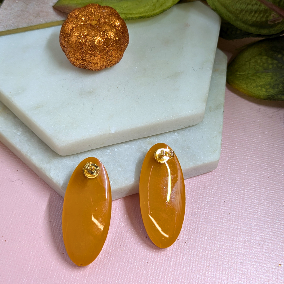 "Khloe" Fern Real Leaves on Pumpkin Oval Studs