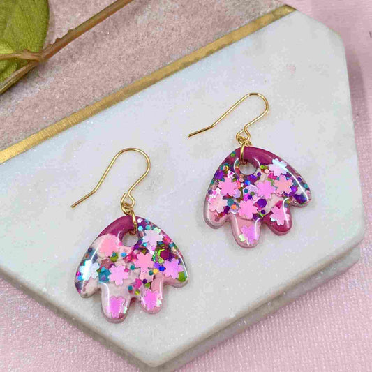 Renee Pink Glitter Petal Dangle Earrings - Handmade Floral Jewellery UK