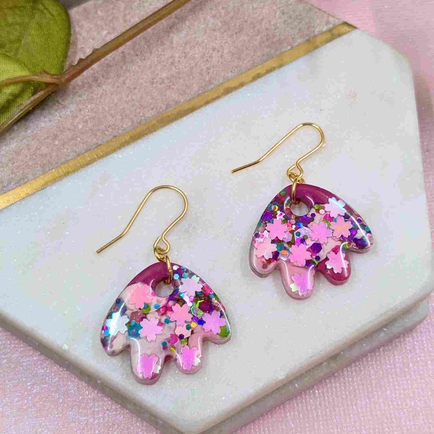 Renee Pink Glitter Petal Dangle Earrings - Handmade Floral Jewellery UK