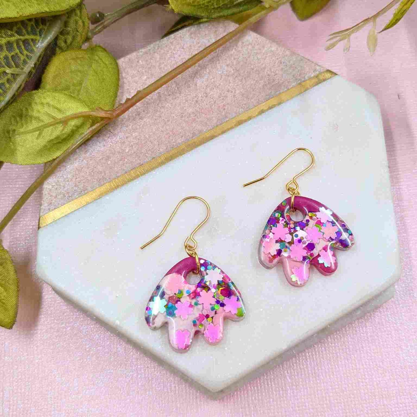 Renee Pink Glitter Petal Dangle Earrings - Handmade Floral Jewellery UK