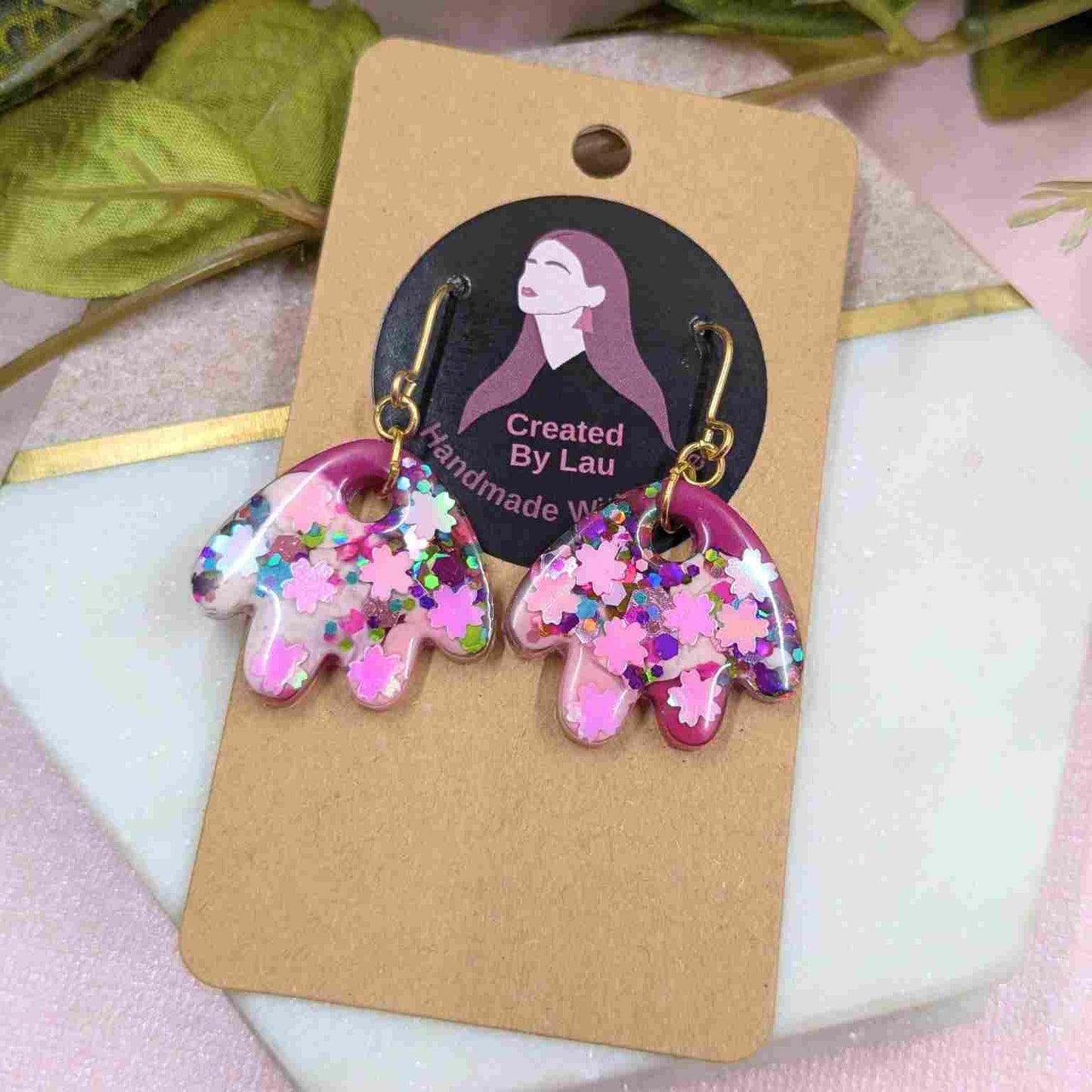 Renee Pink Glitter Petal Dangle Earrings - Handmade Floral Jewellery UK