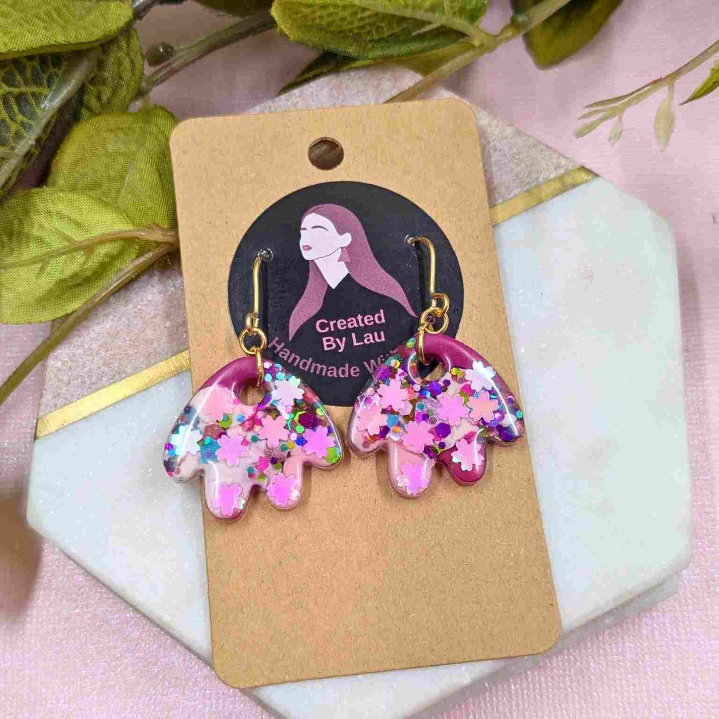 Renee Pink Glitter Petal Dangle Earrings - Handmade Floral Jewellery UK