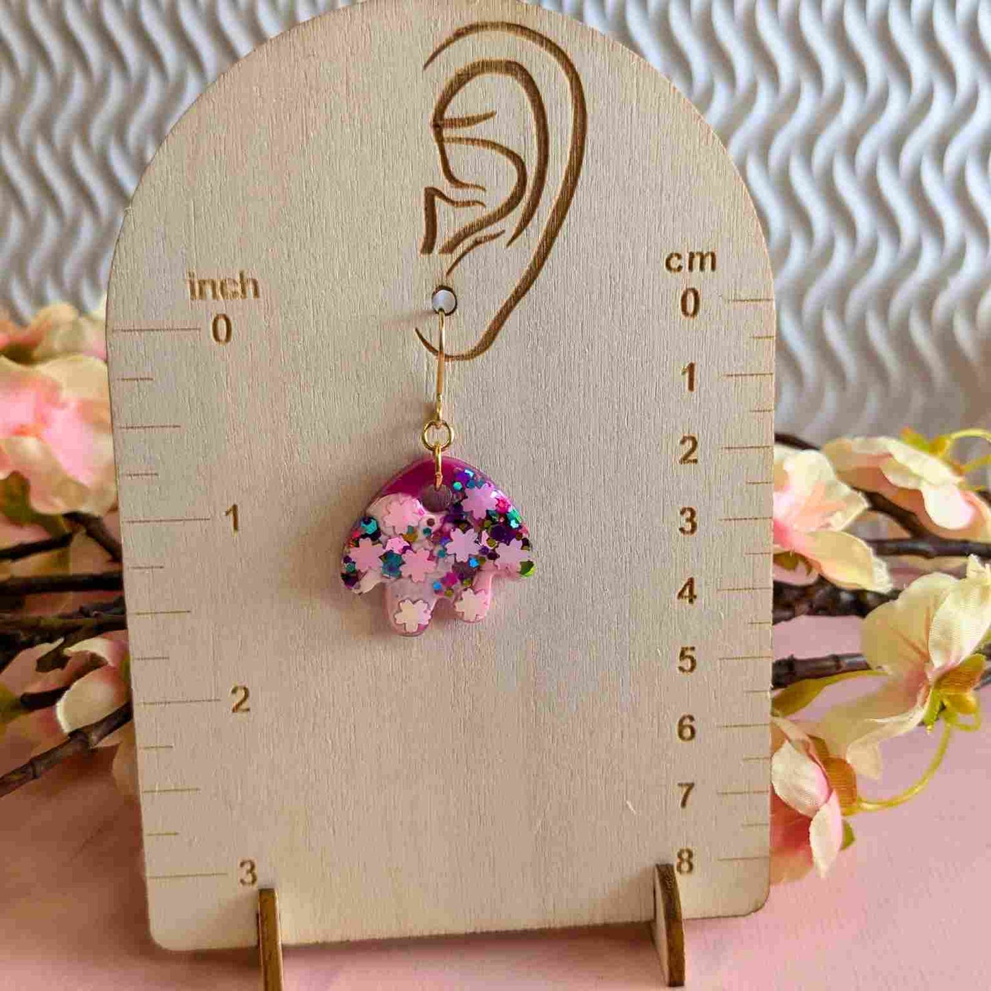 Renee Pink Glitter Petal Dangle Earrings - Handmade Floral Jewellery UK