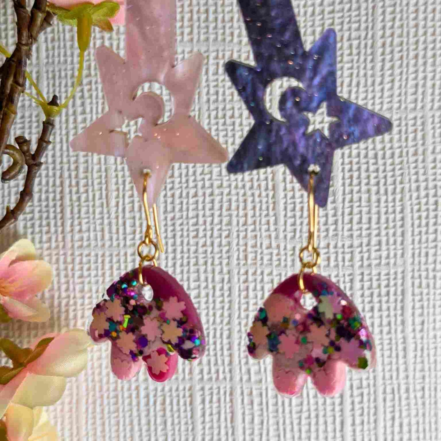 Renee Pink Glitter Petal Dangle Earrings - Handmade Floral Jewellery UK
