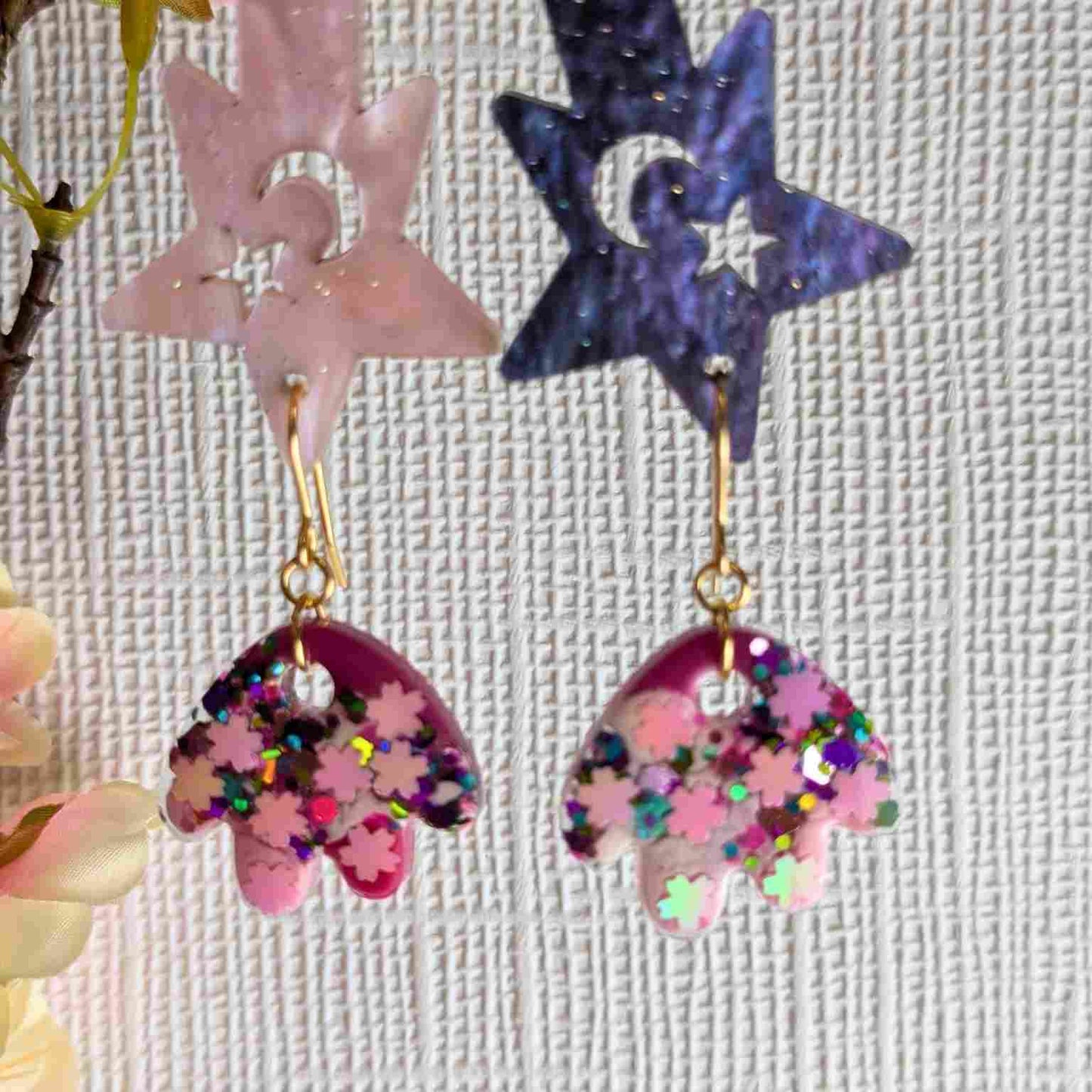 Renee Pink Glitter Petal Dangle Earrings - Handmade Floral Jewellery UK