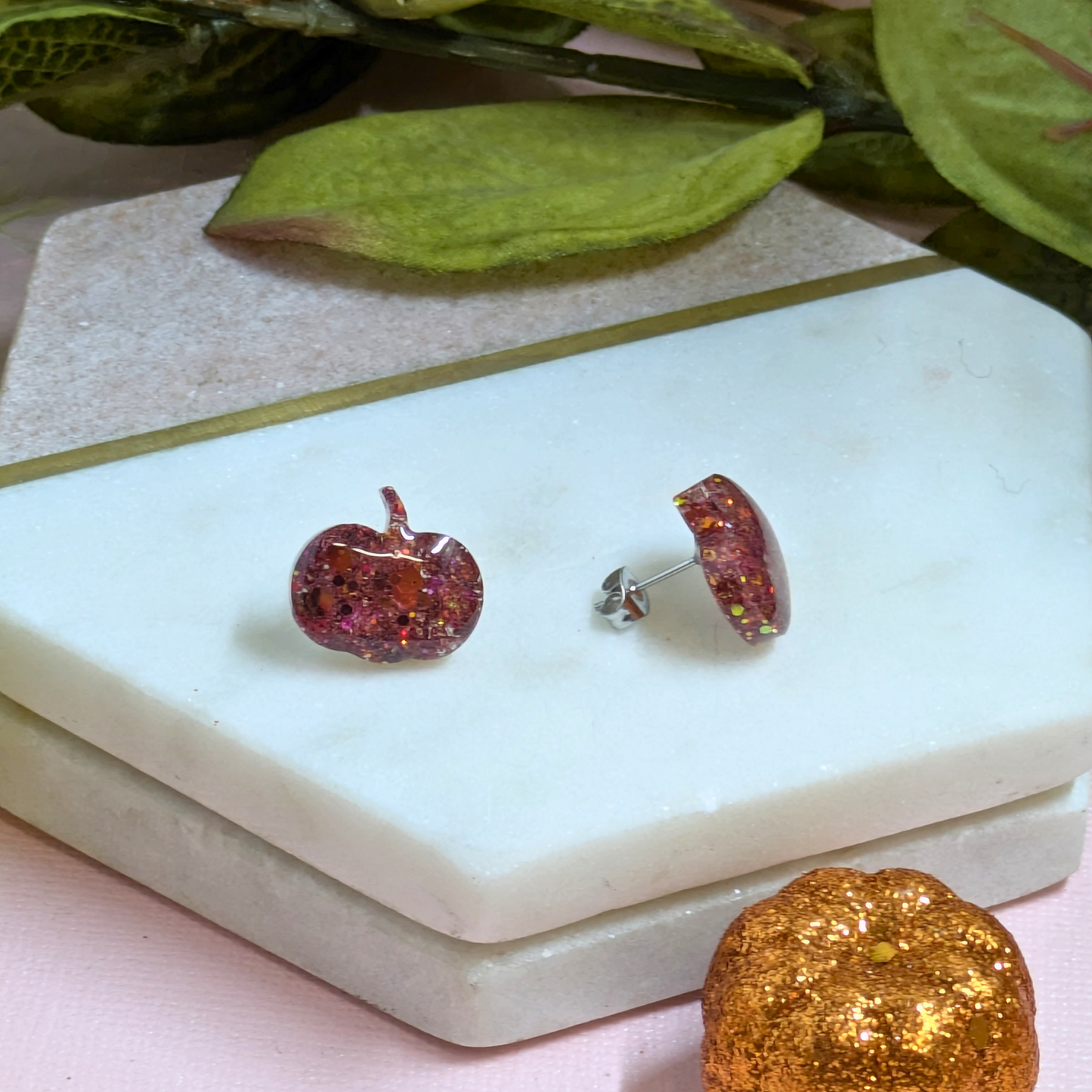 Glitter Pumpkin Resin Stud Earrings