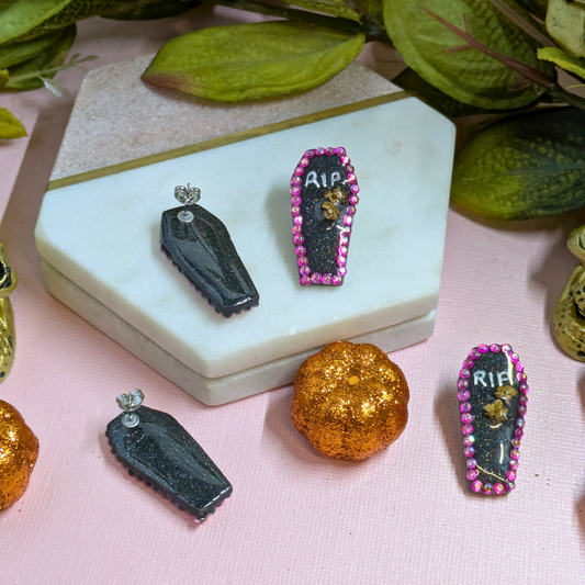 RIP Coffin Crystal Polymer Clay Stud Earrings