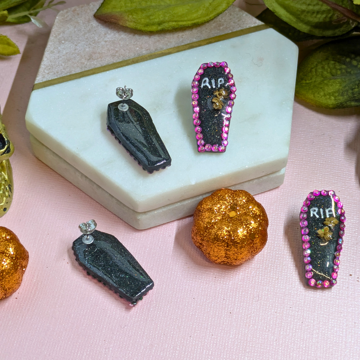 RIP Coffin Crystal Polymer Clay Stud Earrings