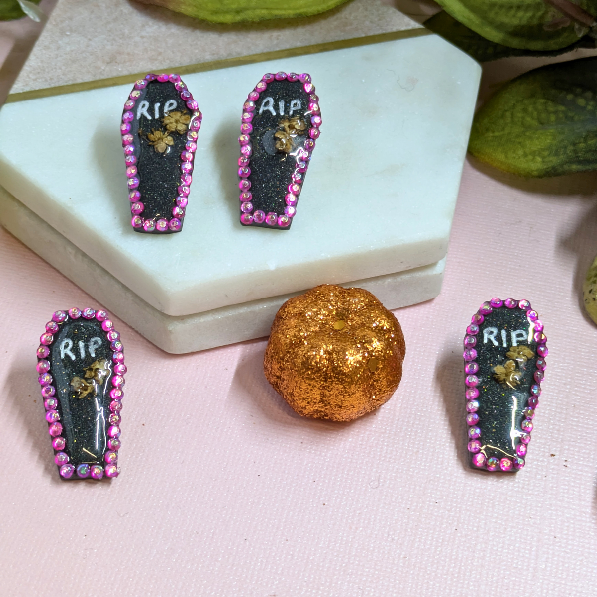 RIP Coffin Crystal Polymer Clay Stud Earrings