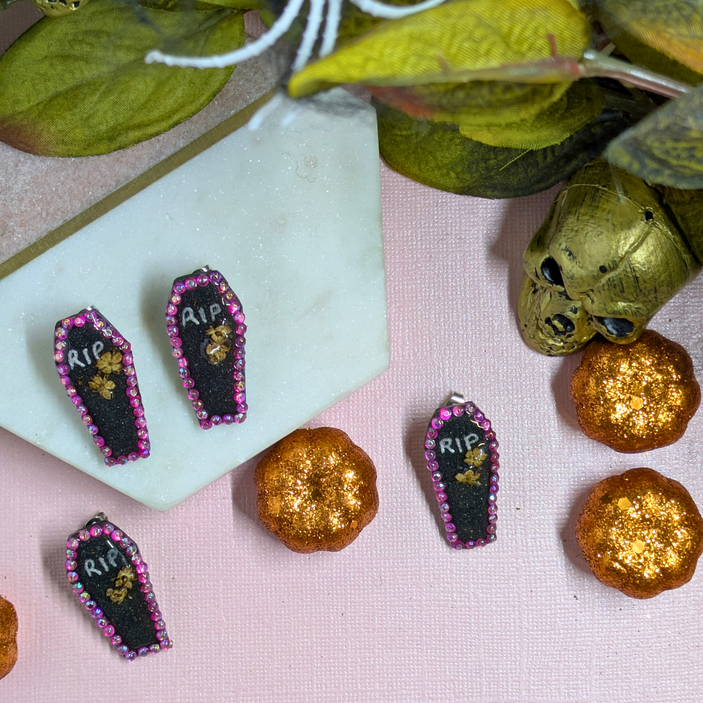 RIP Coffin Crystal Polymer Clay Stud Earrings