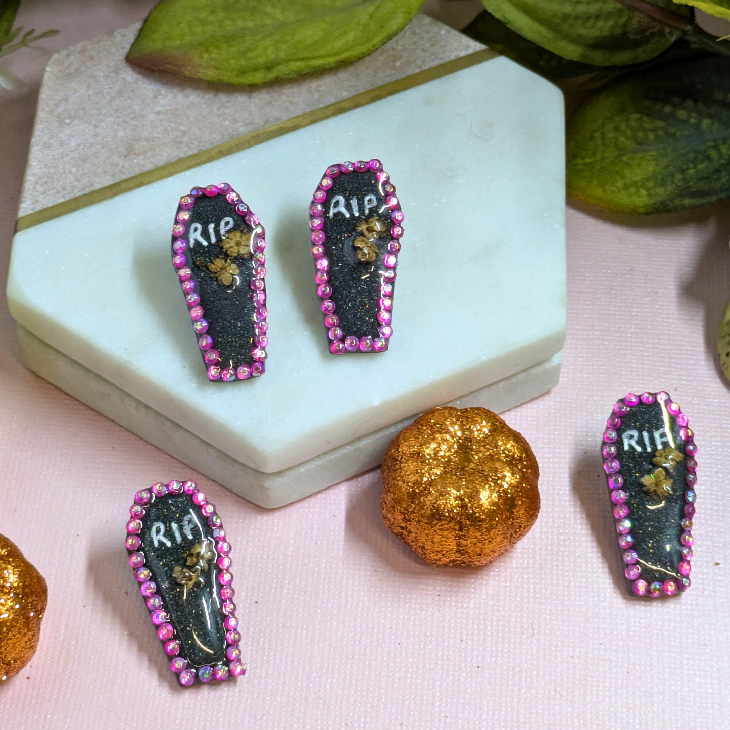 RIP Coffin Crystal Polymer Clay Stud Earrings