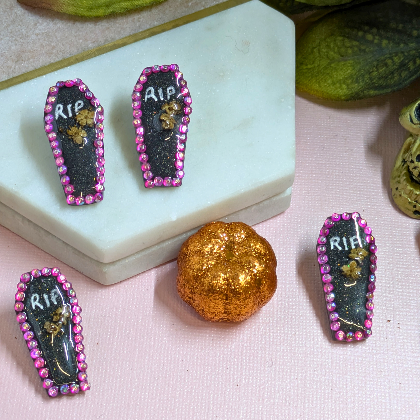 RIP Coffin Crystal Polymer Clay Stud Earrings