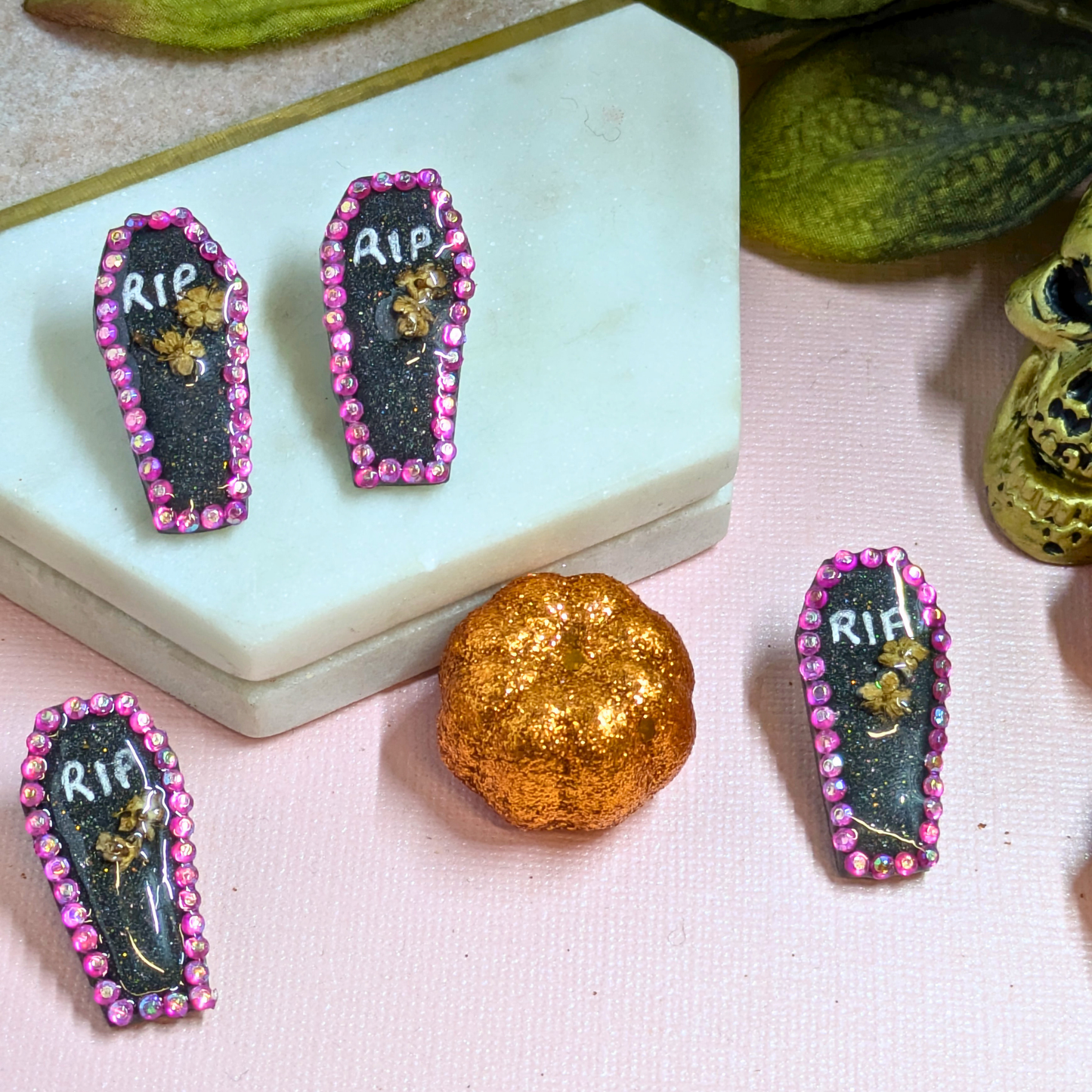 RIP Coffin Crystal Polymer Clay Stud Earrings