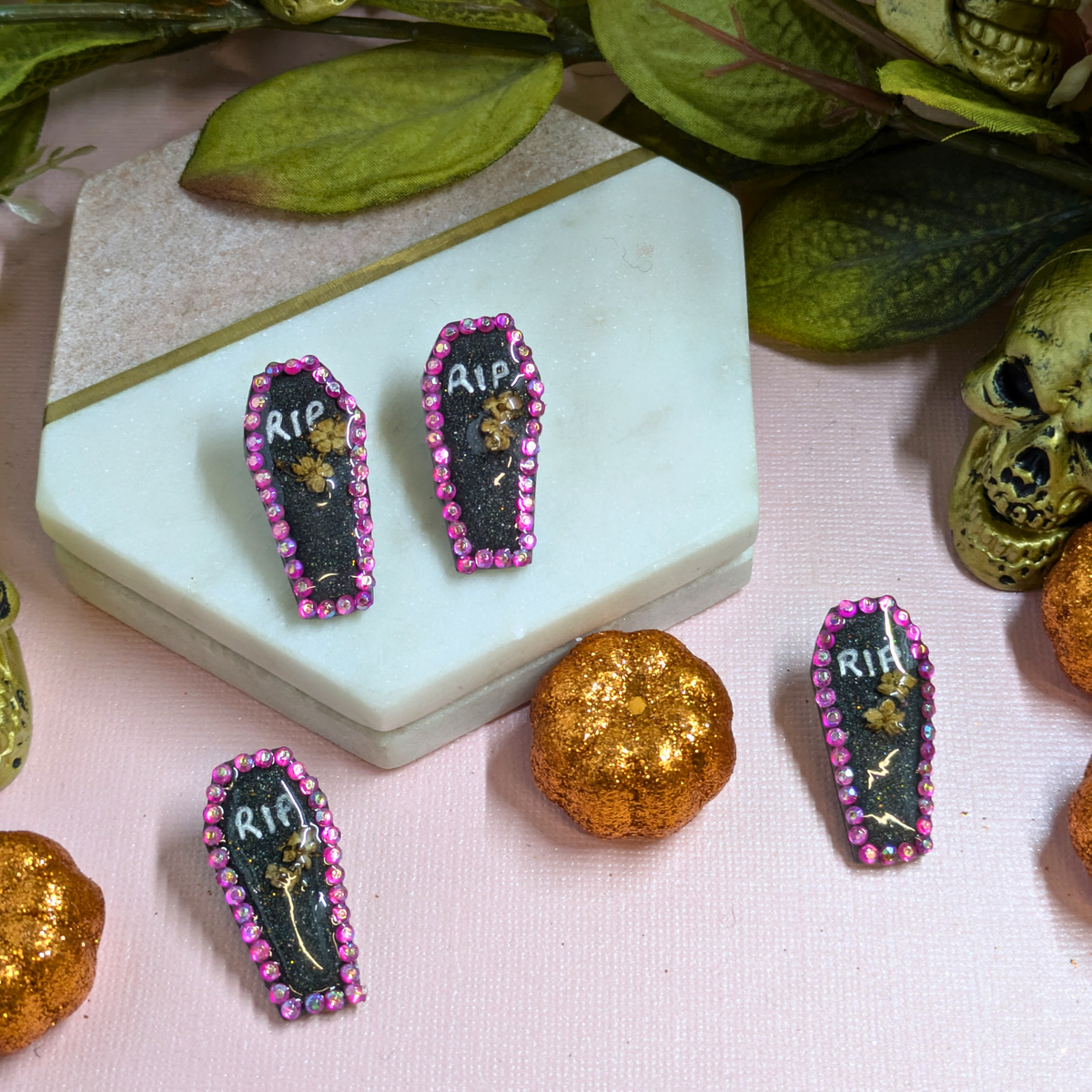 RIP Coffin Crystal Polymer Clay Stud Earrings