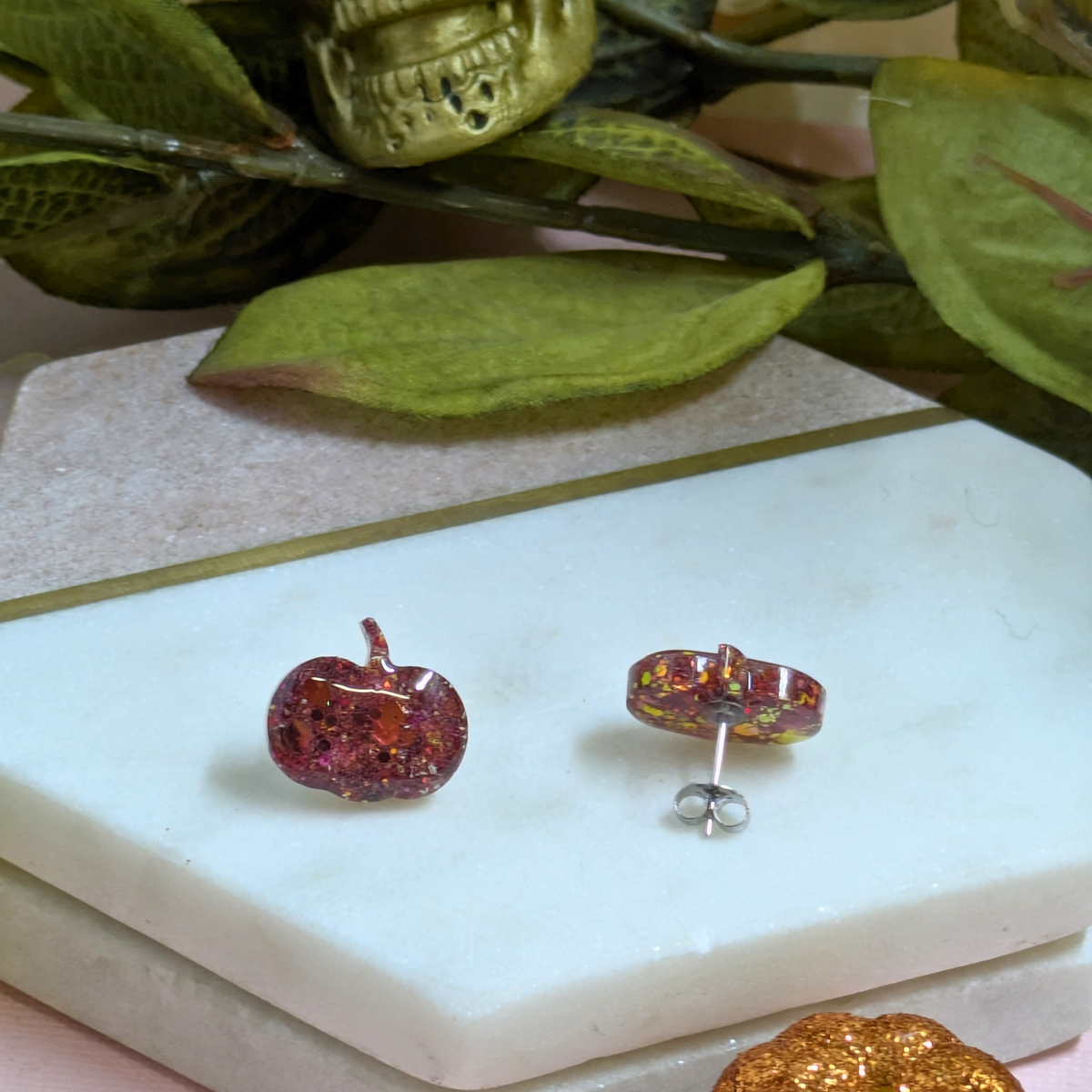 Glitter Pumpkin Resin Stud Earrings