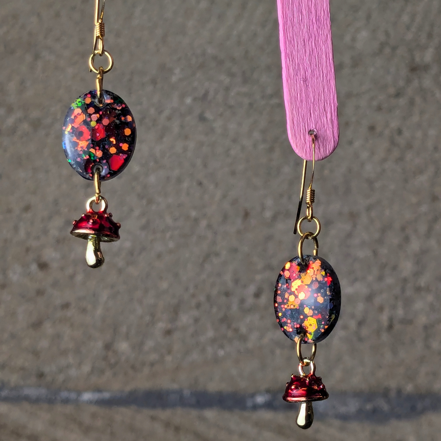 "Amber" Autumn Glitter Oval Resin Earrings with Mushroom Charm