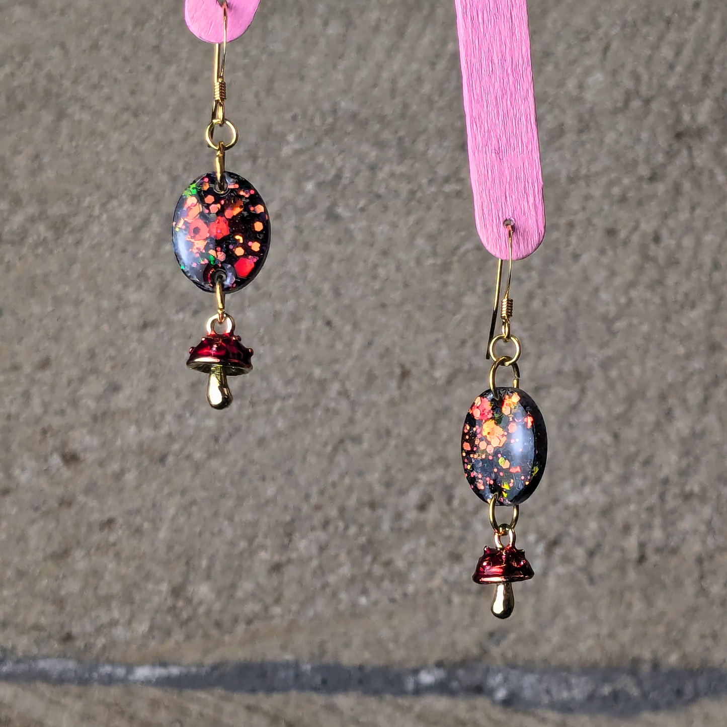 "Amber" Autumn Glitter Oval Resin Earrings with Mushroom Charm