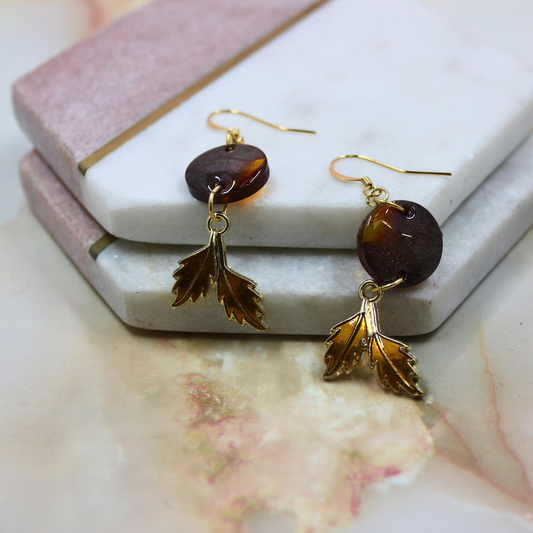 "Amber" Brown Amber Circle Shaped Resin Dangle Earrings with Golden Leaf Charm