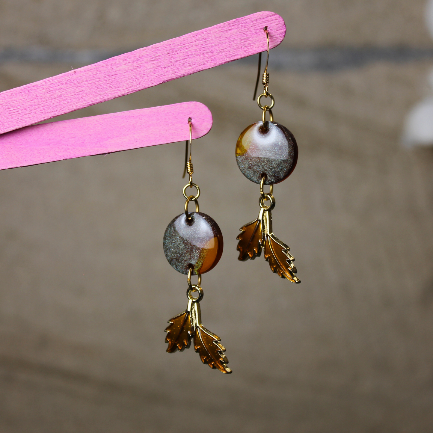 "Amber" Brown Amber Circle Shaped Resin Dangle Earrings with Golden Leaf Charm