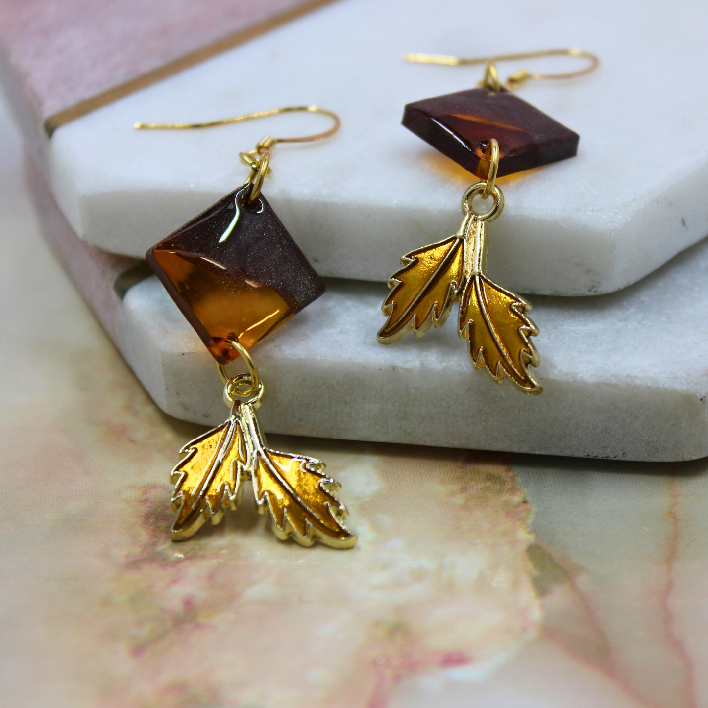 "Amber" Brown Amber Diamond Shaped Resin Dangle Earrings with Golden Leaf Charm