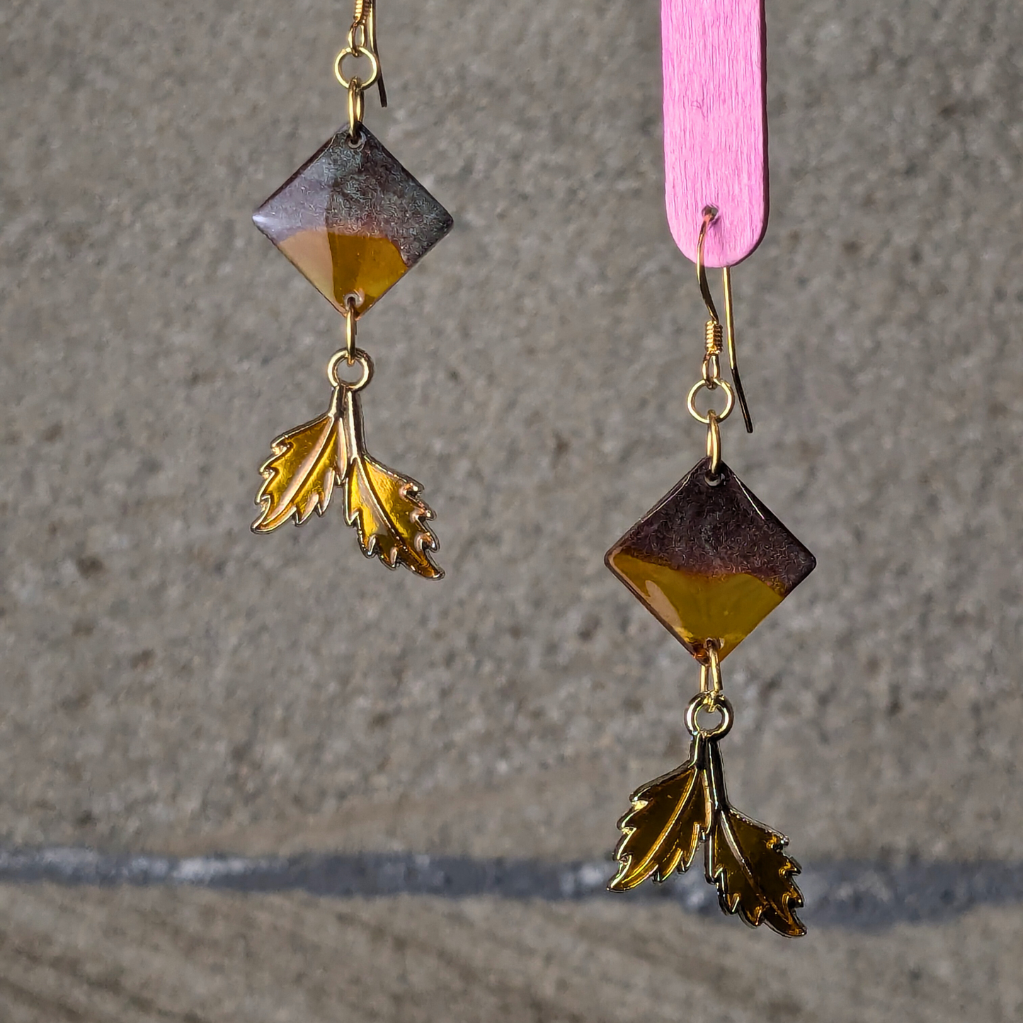 "Amber" Brown Amber Diamond Shaped Resin Dangle Earrings with Golden Leaf Charm