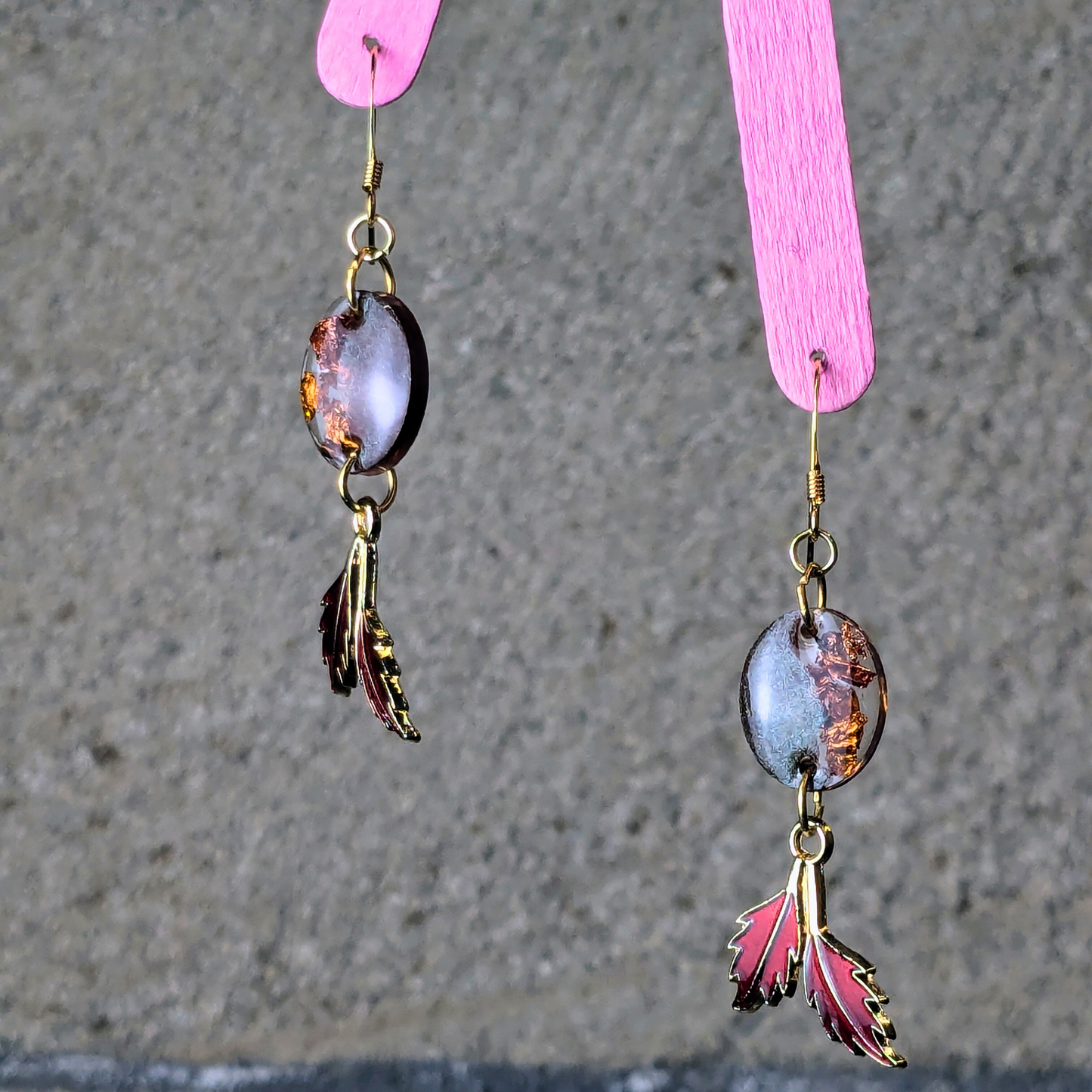 "Amber" Brown Amber Oval Shaped Resin Dangle Earrings with Red Leaf Charm