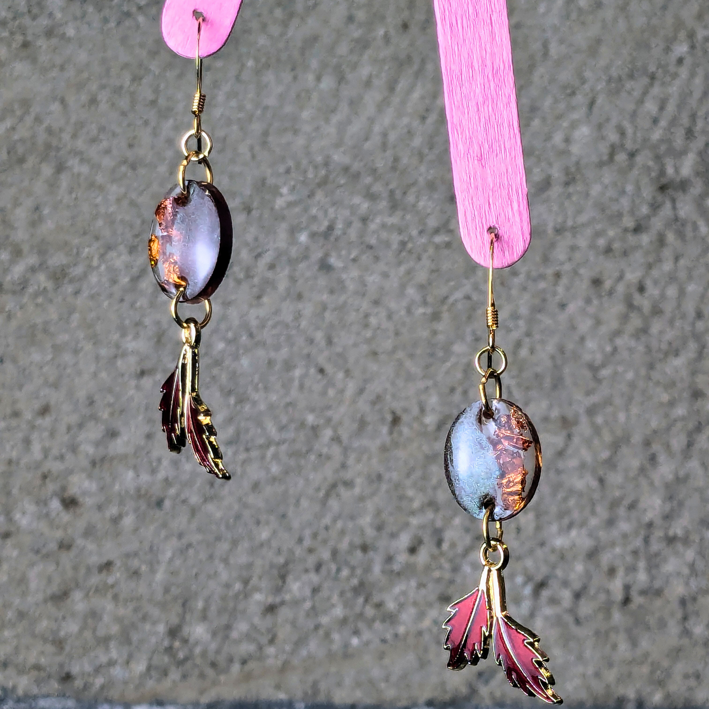 "Amber" Brown Amber Oval Shaped Resin Dangle Earrings with Red Leaf Charm