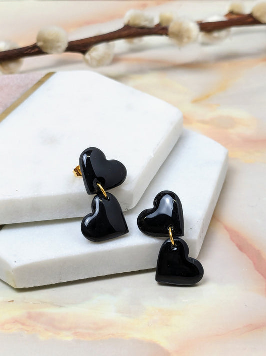 "Amy Dangle" Black Polymer Clay Heart Stud Earrings