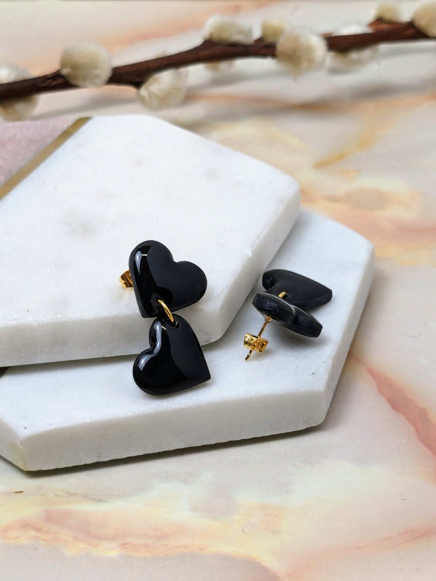 "Amy Dangle" Black Polymer Clay Heart Stud Earrings
