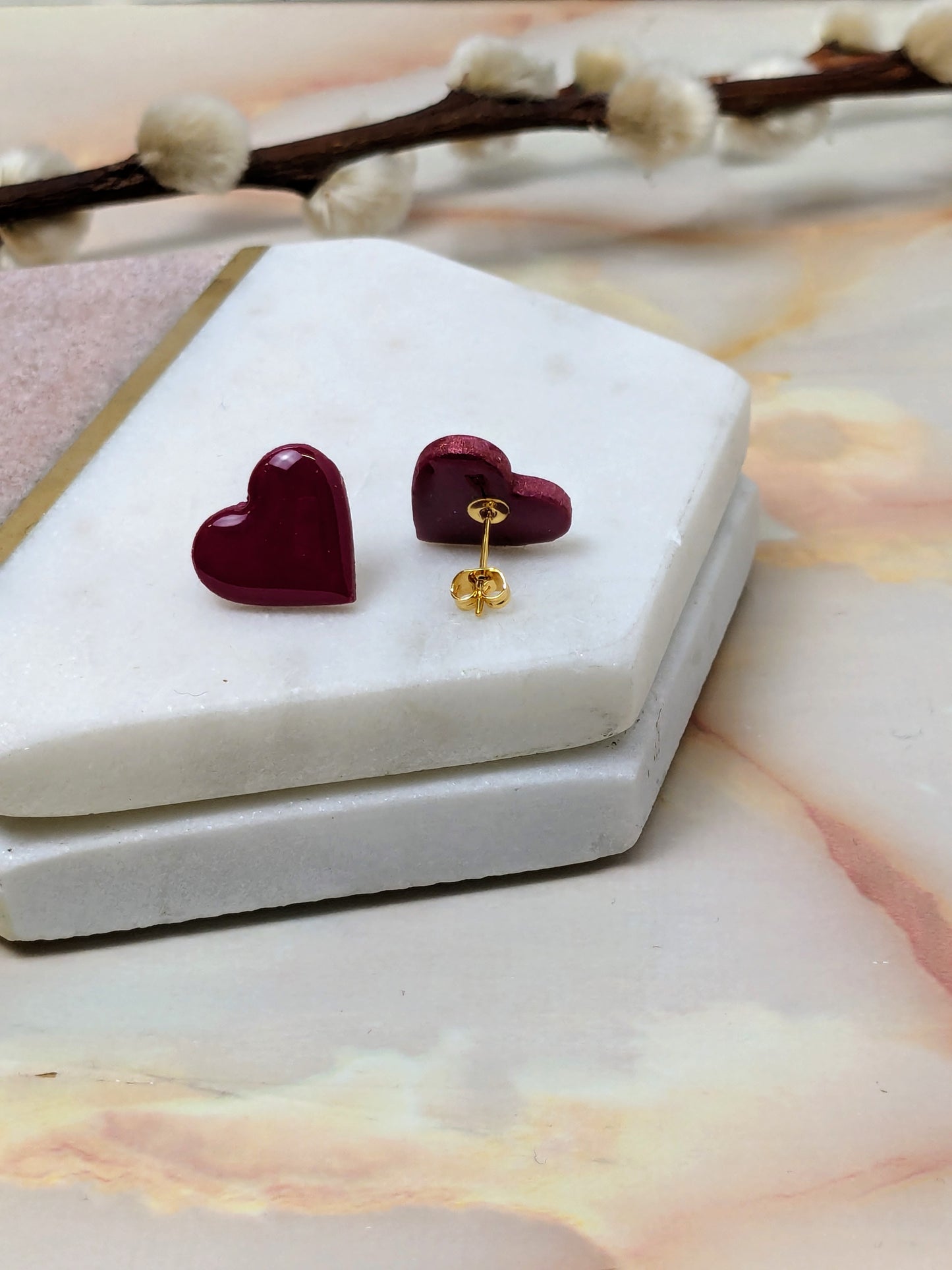 "Amy" Red Small Heart Polymer Clay Stud Earrings