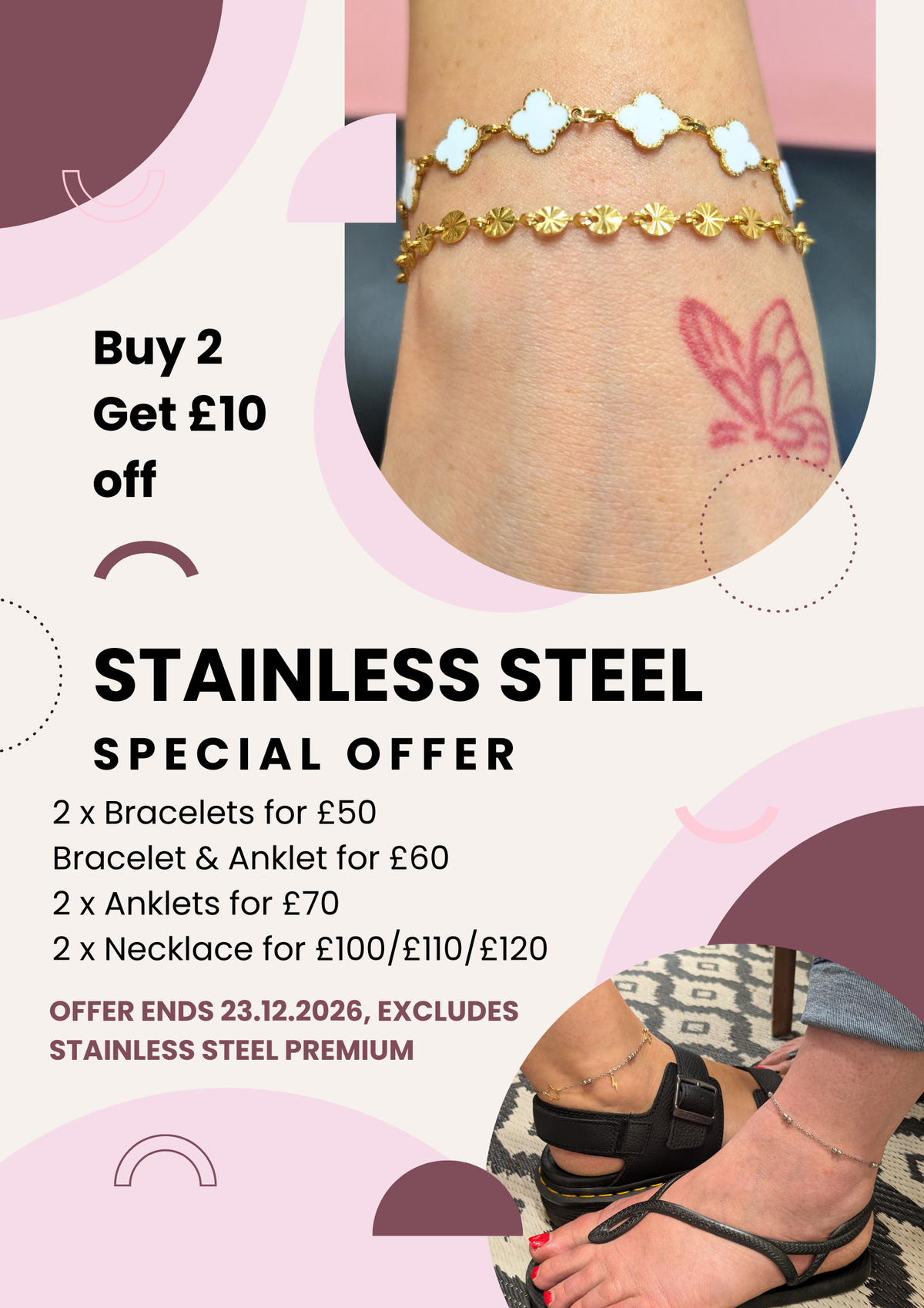 Promotional graphic for a stainless steel jewelry offer, featuring a close-up of a wrist wearing two delicate bracelets, a pink butterfly tattoo, and text offering buy 2 get 10 off on bracelets, anklets, and necklaces.