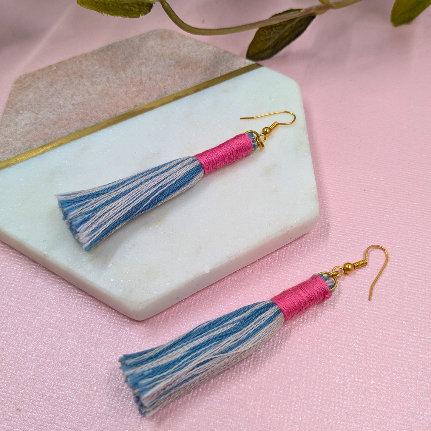 "Aurora" Blue Mix with Pink Contrast Wrap Tassel Earrings