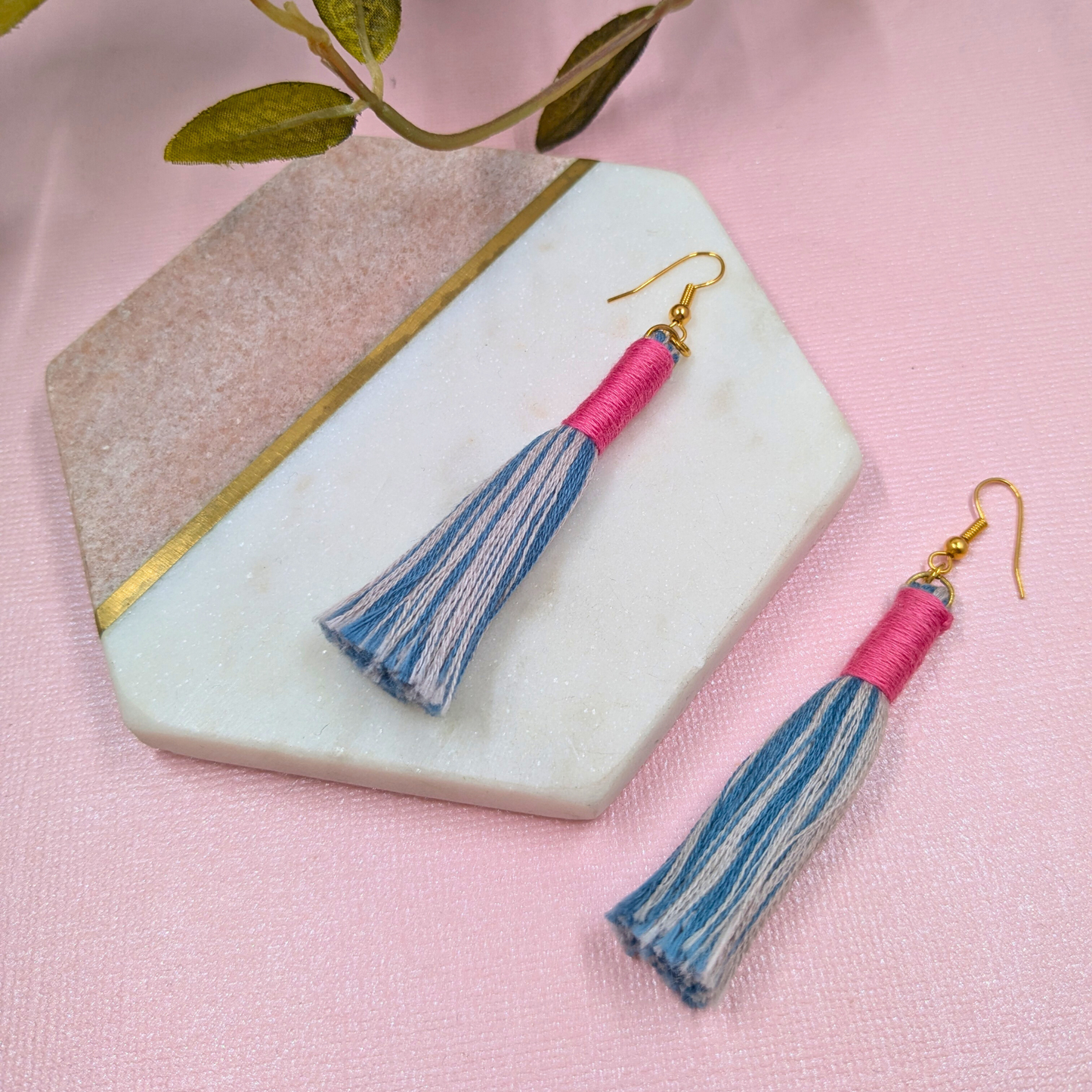 "Aurora" Blue Mix with Pink Contrast Wrap Tassel Earrings