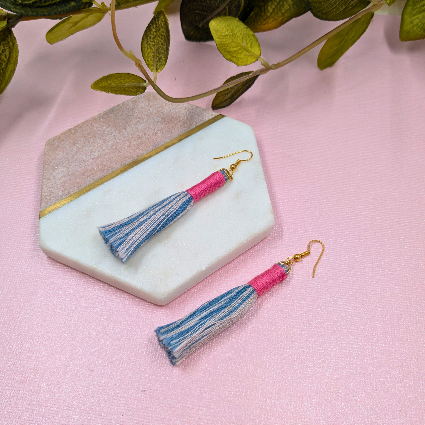 "Aurora" Blue Mix with Pink Contrast Wrap Tassel Earrings