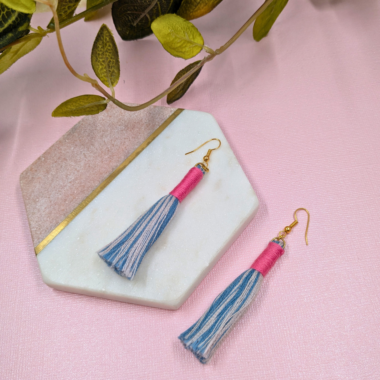 "Aurora" Blue Mix with Pink Contrast Wrap Tassel Earrings